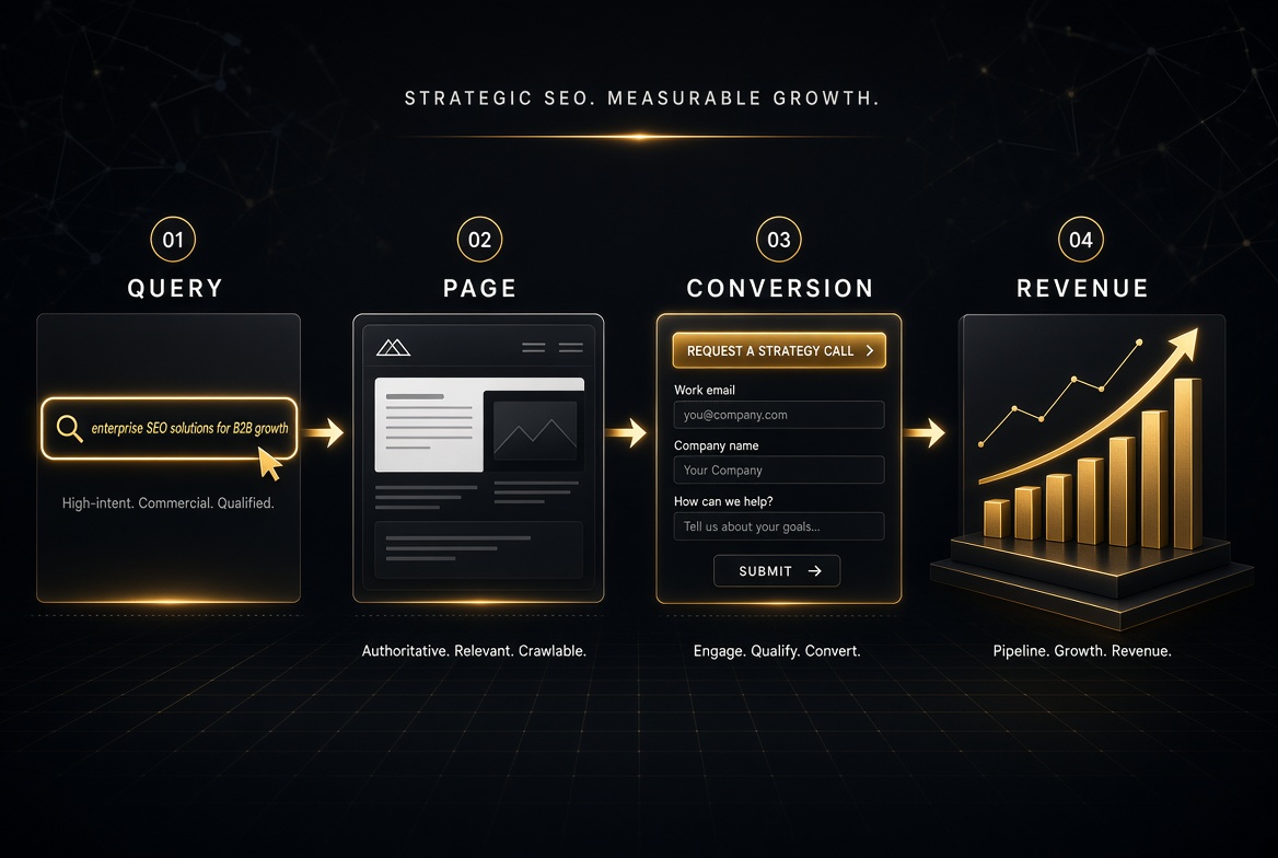 Strategic SEO measurable growth: Query, Page, Conversion, Revenue — four-step demand-capture model.